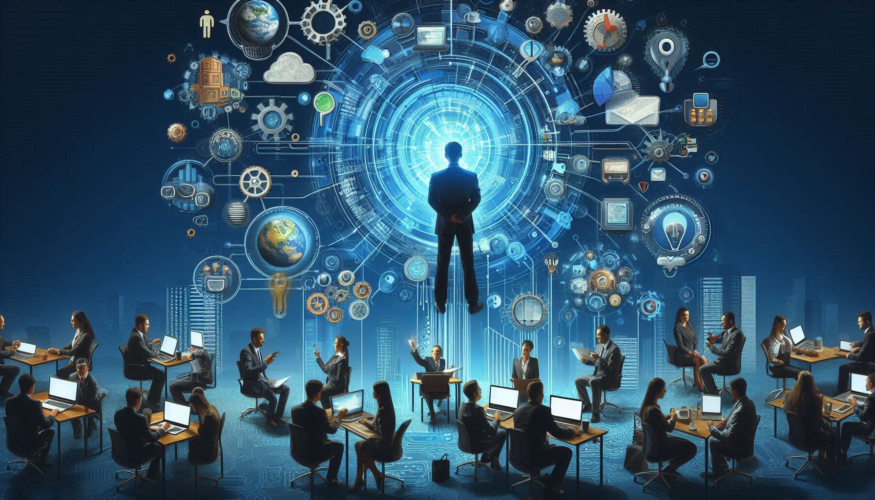 Ilustração do site Desinformante mostrando várias pessoas vestidas com trajes de negócios sentadas em mesas individuais e em grupo, trabalhando em laptops. Um homem de terno flutua de costas, olhando para um holograma azul brilhante.