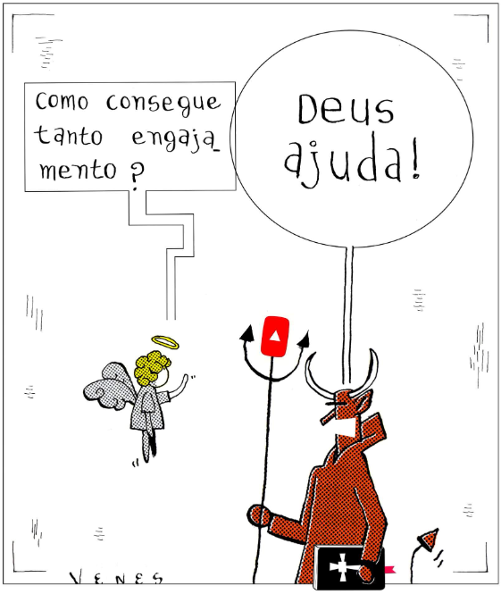 Imagem do site ComCiência mostrando um anjo pequeno voando e perguntando 'Como consegue tanto engajamento?' para um demônio grande segurando um tridente cujo topo foi substituído pelo ícone 'play' do YouTube e um livro preto com uma cruz invertida na capa que responde 'Deus ajuda!'.